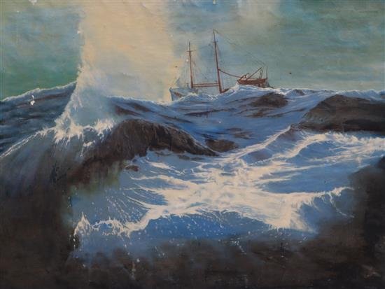 A Mackie, oil on canvas, Trawler Celia on the high seas, signed, 81 x 111cm unframed.